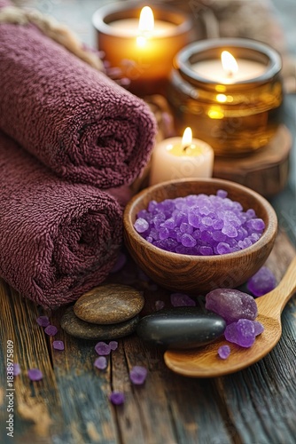 A spa treatment set with candles and terry towels, massage oil and stones, and purple salts.
