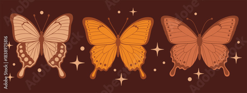 Three Boho Style Butterflies with Sparkles in Earthy Tones Keywords: butterflies, boho, bohemian, style, earthy, tones, brown, orange, peach, beige