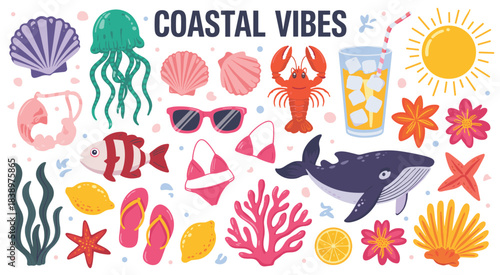 Vibrant Coastal Vibes Collection of Summer Beach Icons and Elements Keywords: coastal, vibes, summer, beach, ocean, sea, vacation, travel, tropical