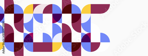 Abstract geometric pattern. Circles overlap creating colorful, modern design. Purple, blue, yellow hues dominate composition.