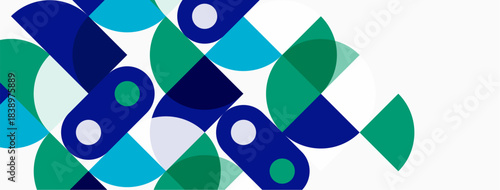 Abstract geometric shapes overlap. Blue, turquoise, green hues dominate white background. Modern design, simple composition.