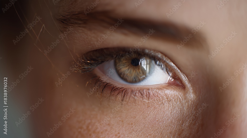 Obraz premium Close view of a human eye showing details of the iris and pupil in natural light