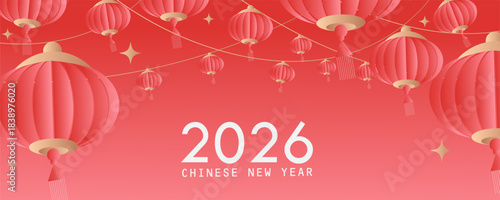 Chinese New Year 2026 horizontal banner with zodiac Horse symbol on red background and place for your text. Celebrating, new year 2026, independence day. Vector design for web, social media post.