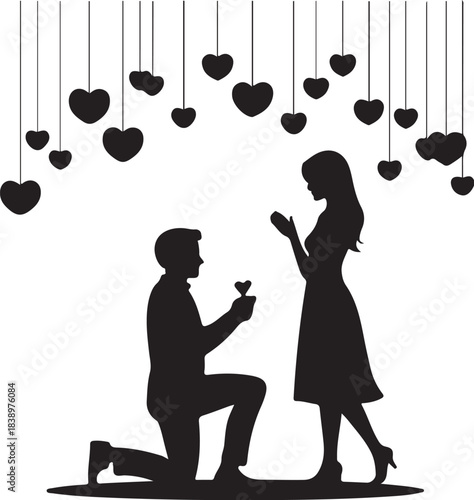 Man proposing to woman with hearts above proposal engagement