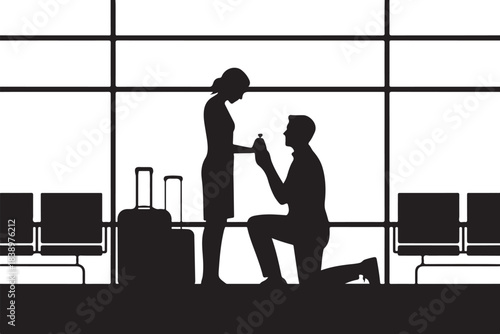 Man proposing to woman with ring at airport with luggage