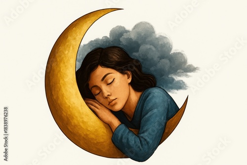 A woman appears to be sleeping soundly and dreaming on a crescent moon, embracing the theme of comfort and a soft mattress.