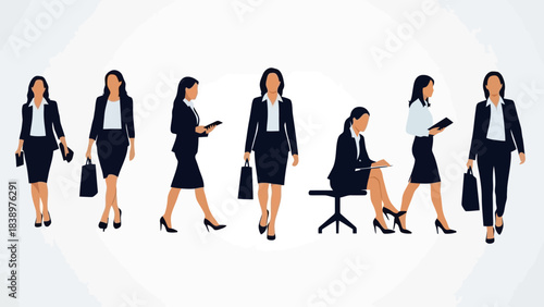 Diverse Businesswomen Silhouettes in Professional Attire Demonstrating Various Actions