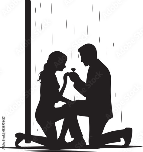 Man proposing to woman with ring in the rain proposal