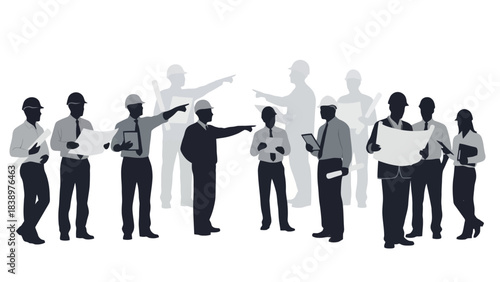 Team of Architects and Engineers in Helmets Discussing Blueprints on White Background
