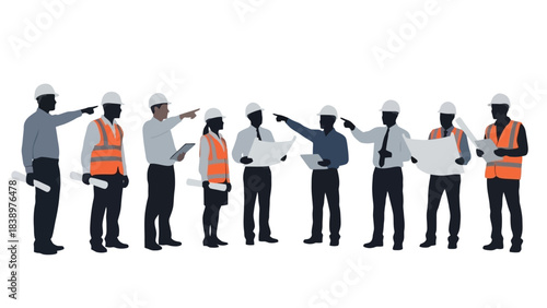 Diverse Group of Architects and Engineers Discussing Plans with Blueprints on White