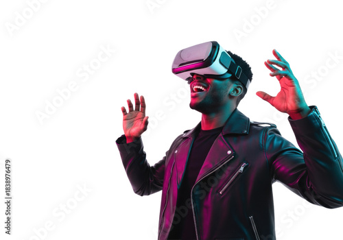 Young african american man in a leather jacket wearing a vr headset, expressing awe under cinematic magenta and cyan neon rim lighting. concept of deep immersion in metaverse