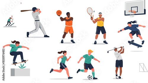 Diverse Group of Athletes Playing Various Sports in Dynamic Poses - Vector Art