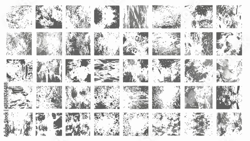 Set of 36 Abstract Grunge Textures and Backgrounds, Dark Gray Grayscale Splatter Patterns