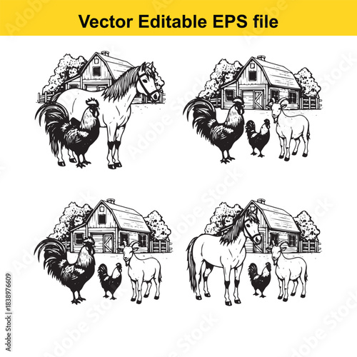  farm animals horse, goat, rooster, and house, vector illustration