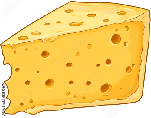 A cartoon illustration of a triangular slice of yellow Swiss cheese with various holes, representing dairy food and ingredients, isolated on a white background