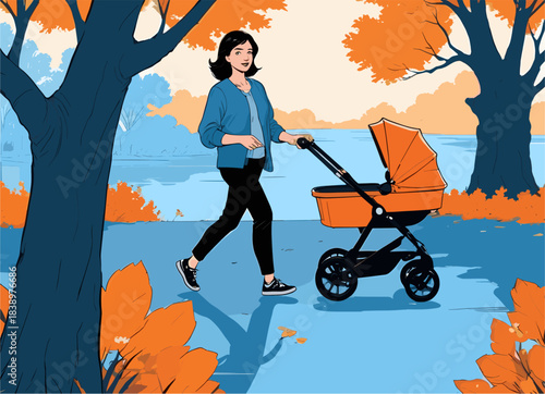 vector illustration of a happy young mother walking and pushing an orange baby stroller in an autumn park with colorful trees, representing parenting and active lifestyle concept