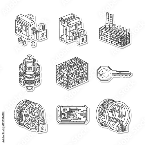A curated set of black and white line art icons illustrating critical concepts of digital security, industrial control, and technological infrastructure.