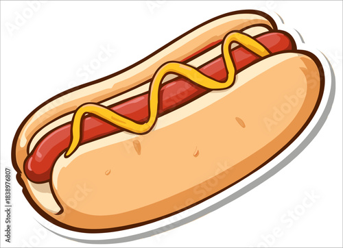 A delicious cartoon vector illustration of a hot dog in a soft bun topped with yellow mustard, designed as a sticker with a white outline on a white background