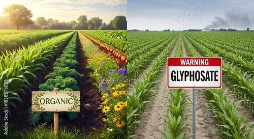 A split image contrasts a vibrant organic farm with a field of crops near a warning sign about a chemical