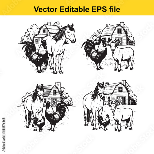  farm animals including horses, roosters, and sheep, set against a backdrop of rustic farm buildings