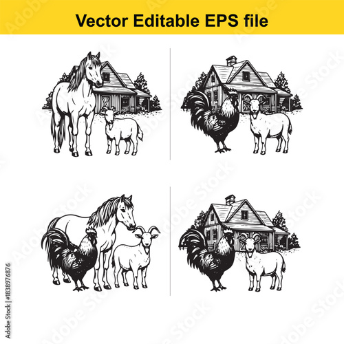  farm animals and houses horse, sheep, rooster, chicken, vector editable eps file