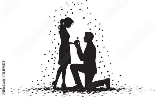 Man proposing to woman with ring surrounded by falling petals