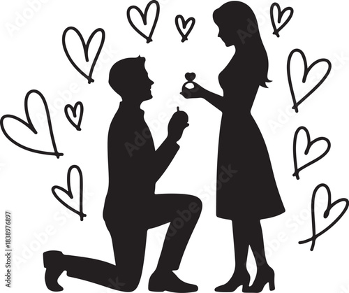 Man proposing to woman with ring surrounded by hearts