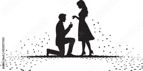 Man proposing to woman with ring surrounded by petals