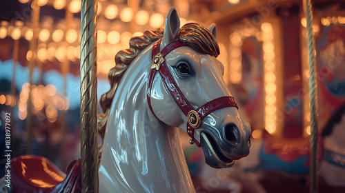 Colorful carousel horses on a merry-go-round ride in an amusement park bring fun and equestrian excitement for children