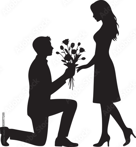 Man proposing with flowers to woman silhouette couple