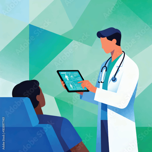 Illustration Of Someone Having A Health Check, Doctor Examining Patient Using Tablet Containing Digital Medical Data Vector Design Template
