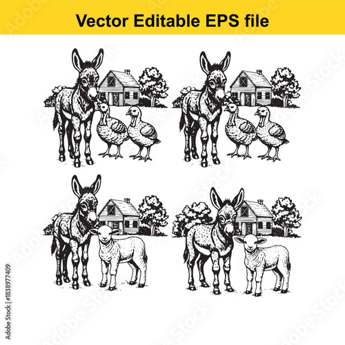  farm animals donkeys, ducks and sheep in front of houses, vector illustration