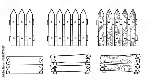 Wooden Fences And Planks Doodles. Hand Drawn Collection Of Rustic Wood Elements For Construction Or Farm. Isolated Vector illustration Elements. Not AI