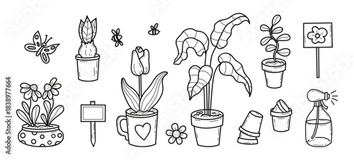 Potted Plants Doodle Set. Gardening, Hobbies and Houseplants. Hand Drawn Line Art. Isolated Outline Flowers, Gardening Tools And Insects. Vector Illustration. Not AI