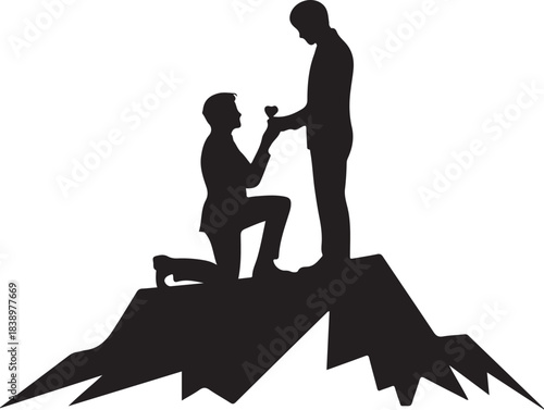 Two men proposing on mountain peaks silhouette proposal