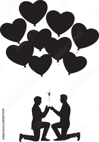 Two men proposing with heart balloons proposal engagement