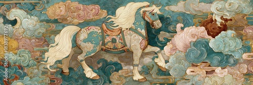 Chinese mythical celestial horse standing in clouds