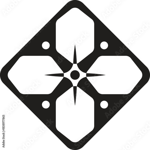 Black and white geometric ornament with symmetrical shapes and a central star-like element vector illustration