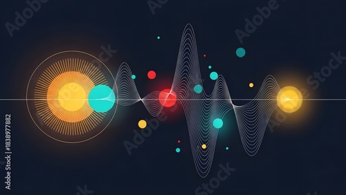 Abstract sound wave with glowing orbs and solar system motif audio music