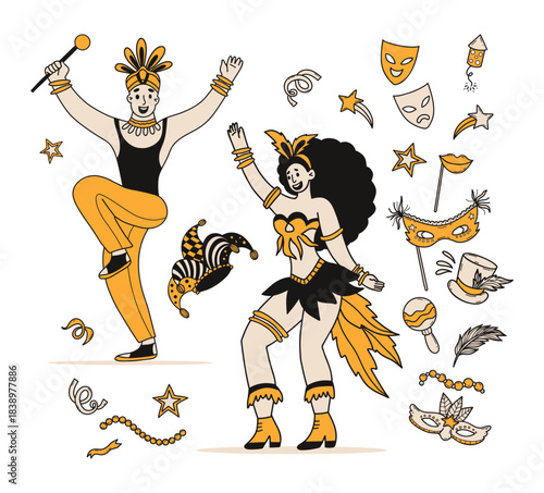 Carnival Cheerful Dancers Girl and Man in vibrant Costumes with festive accessories. Masquerade, Party Celebration collection. Isolated Hand-drawn Color Doodle. Vector Illustration. Not AI