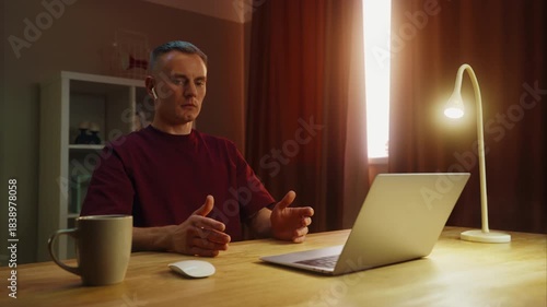 Man see middle finger remote, obscene hand fuck you off gesture from laptop screen. Person visit suspicious phishing scam website. Online gambling fail. Work failure. Funny joke, humor. Internet fraud