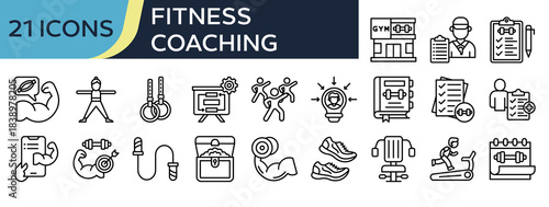 Collection of Fitness Coaching icons, related to Gym, Coach, Exercise, Health Check, Action Plan and more. Outline icons vector illustation.