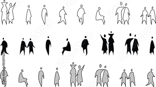 Vector, isolated silhouette of sitting standing people family and couples. Architectural People Sketch, Hand sketch different styles. Perfect for architectural plans, elevation, infographics