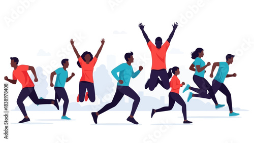 Diverse Group of People Running and Jumping Joyfully in Outdoor Setting