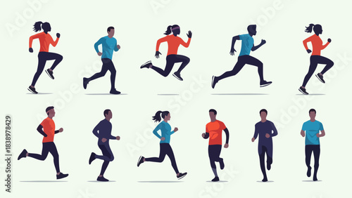 Diverse Group of People Running and Jumping in Dynamic Poses - Vector Art