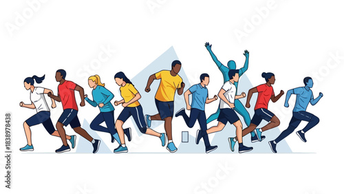 Diverse Group of Runners Sprinting Forward in Dynamic Motion, Sports Concept