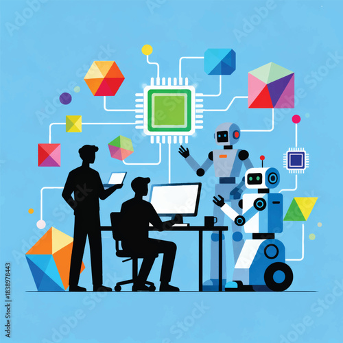 Illustration Of Human And Robot Silhouettes Working Together, Chip Elements And Digital Connections Vector Design Template