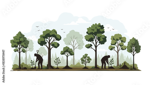 Teamwork in nature: People planting trees in a lush forest for environmental conservation