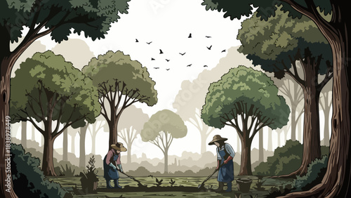 Two Gardeners Working in a Lush Forest Garden Amidst Trees and Birds