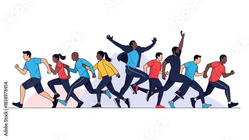 Diverse Group of People Running and Jumping Together Representing Fitness and Health